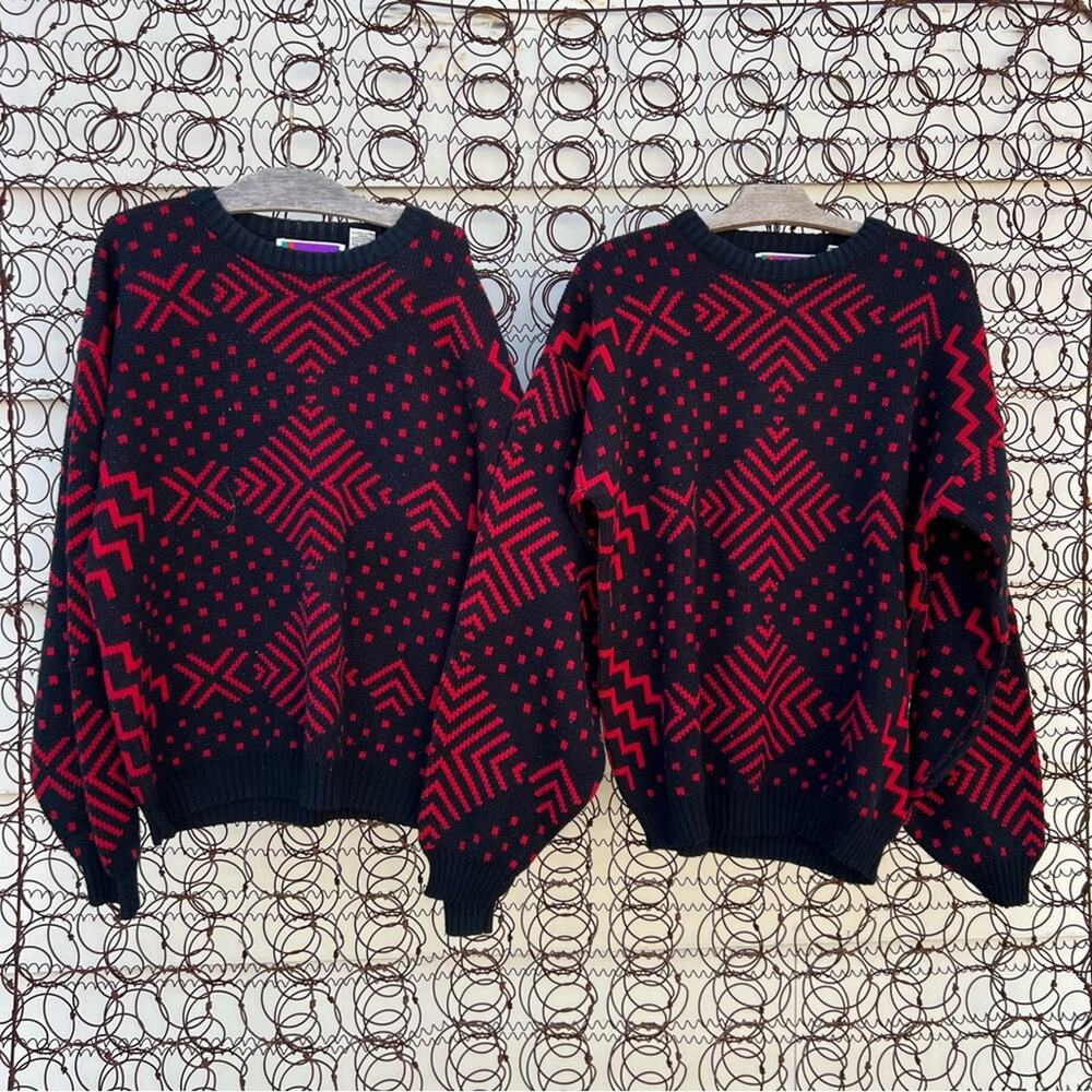 MATCHING PAIR 80s Sweater Graphix Red Black Abstract Geometric Sweaters LARGE